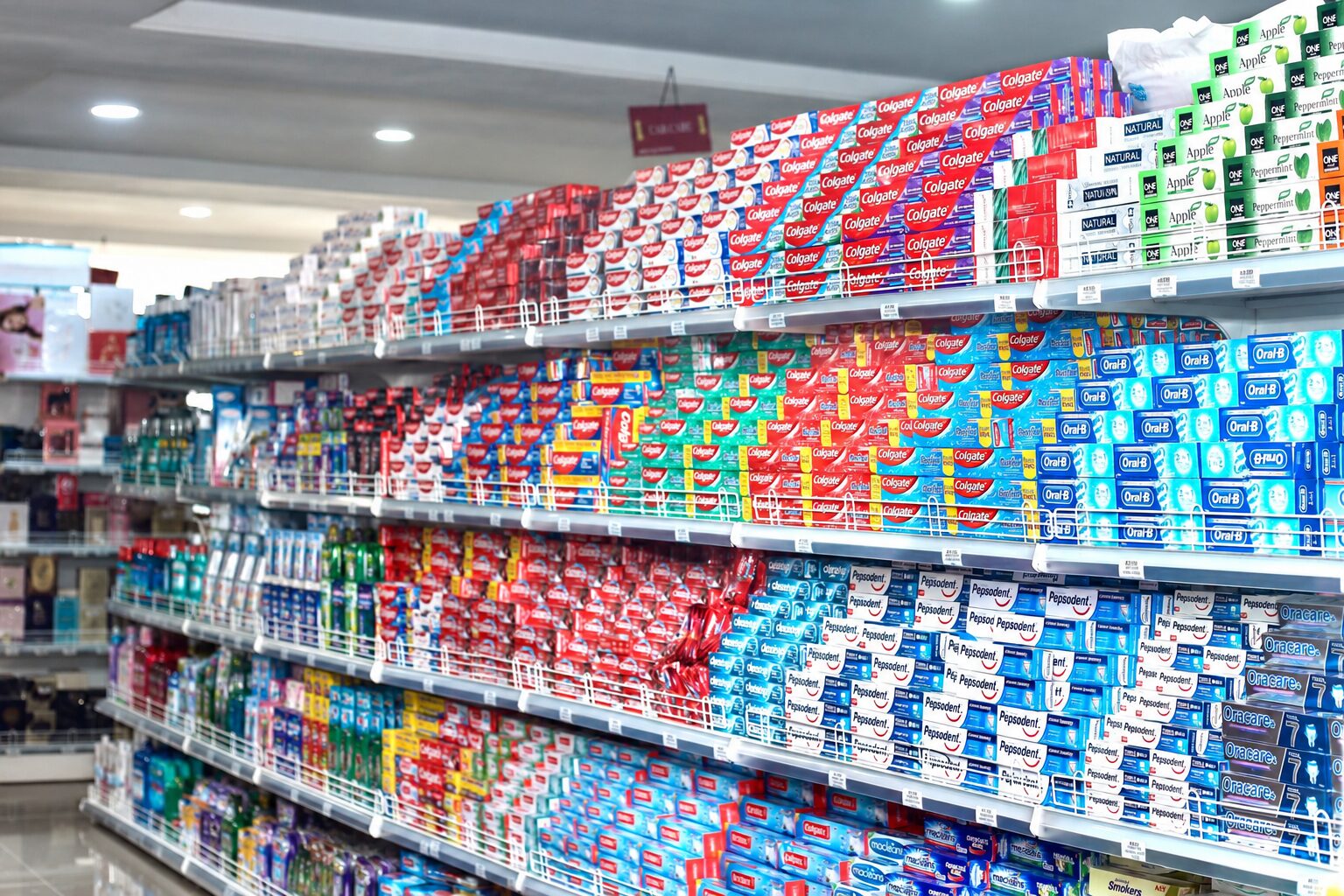 Oral care products arranged on shelves